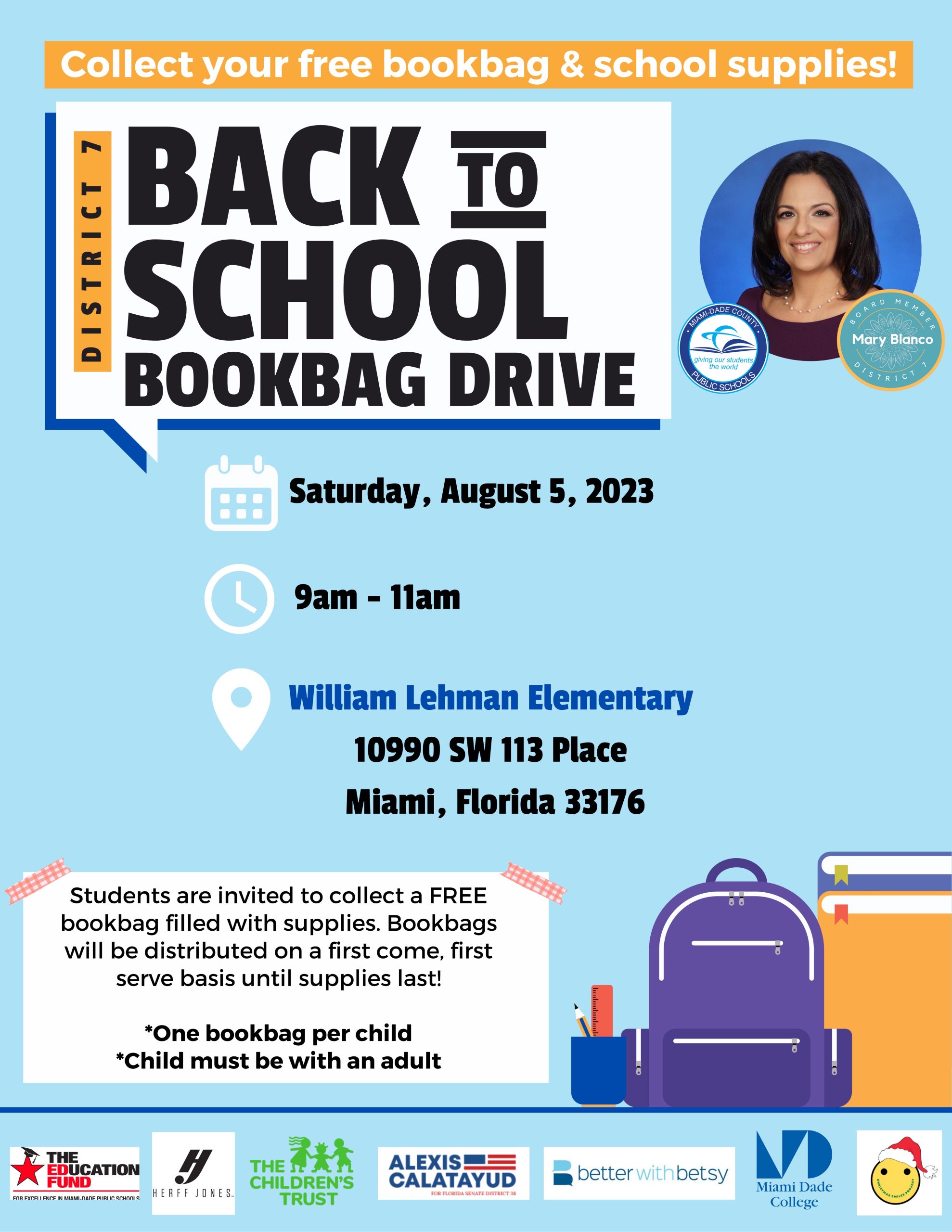 Back to School Bookbag Drive @ William Lehman Elementary